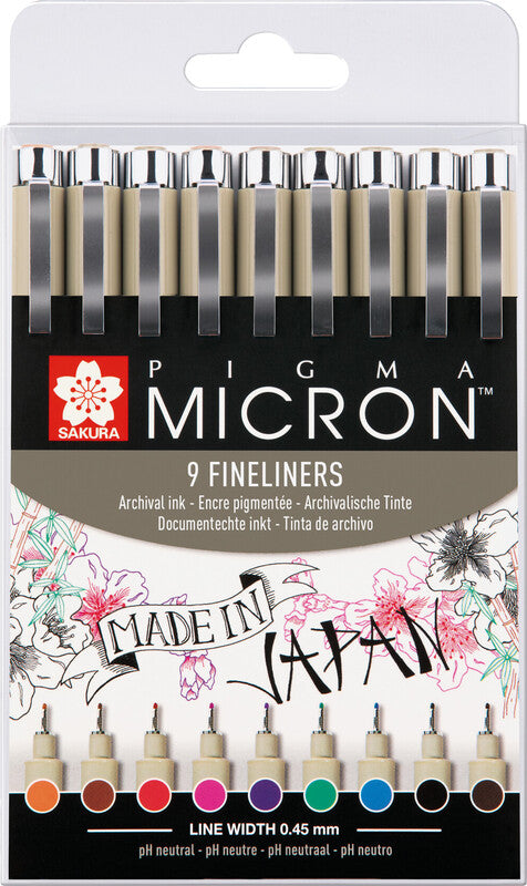Sakura Pigma Micron Fineliner – 9er-Set – 0,45 mm – 9 Farben, sortiert – wasserfest