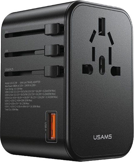 Usams Reiseadapter T62 – 52,6 × 54,7 mm, schwarz, 1× USB-A, 2× USB-C, 65 W, Schiebefunktion, für EU, US und mehr