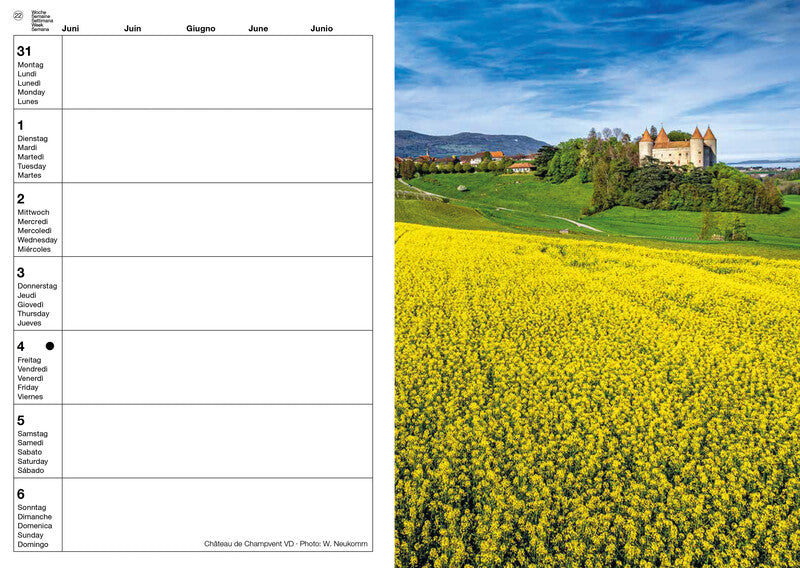 Calendaria Schweizer Foto-Almanach – Wochenagenda 2027, 1 Woche/1 Seite, A5, Spiralbindung