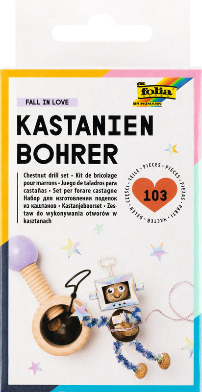 Folia Bastelset Kastanienbohrer – 2 Handbohrer (2 und 3 mm), 100 Zahnstocher – 140 × 70 × 75 mm