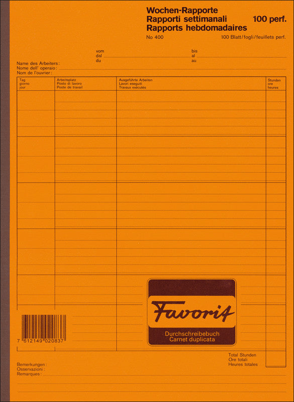 Favorit Formularblock – Wochen-Rapporte, mehrsprachig, 100 Blatt, A4