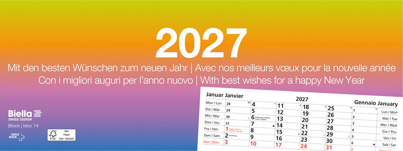 Biella Abreisskalender 1 Monat pro Blatt – viersprachig D/F/I/GB – 2027 – 24 × 9 cm