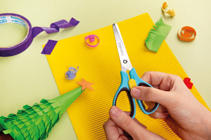 Fonzell Kinderschere – für Rechts- und Linkshänder, abgerundete Spitzen, Softgrip, Kunststoff, Hellblau