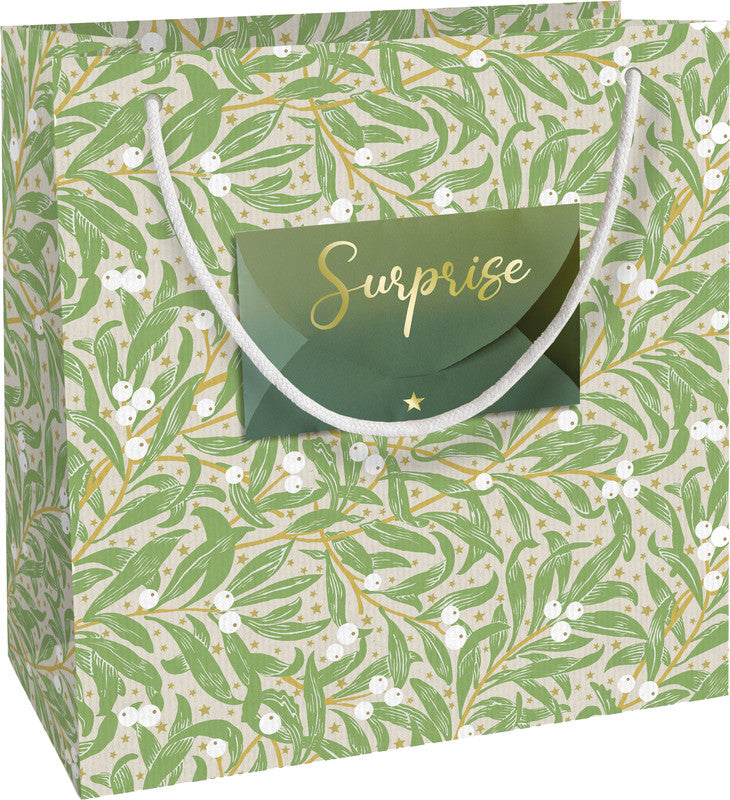 Braun + company Tragetasche Christmas Leaves – Salbei, Kraftpapier, gefüttert, Baumwollkordel – 200 × 210 × 80 mm