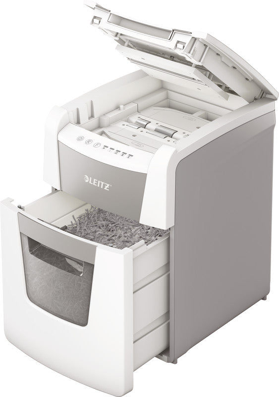 Leitz Aktenvernichter mit Autofeed 100 Blatt, DIN P-4, Partikelschnitt 4 × 30 mm, 8 Blatt, 34 l, A4
