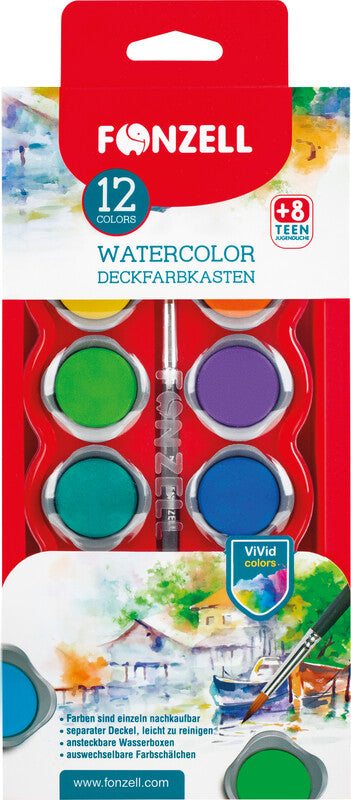 Fonzell Deckfarbkasten – 12 Farben, sortiert, mit Pinsel
