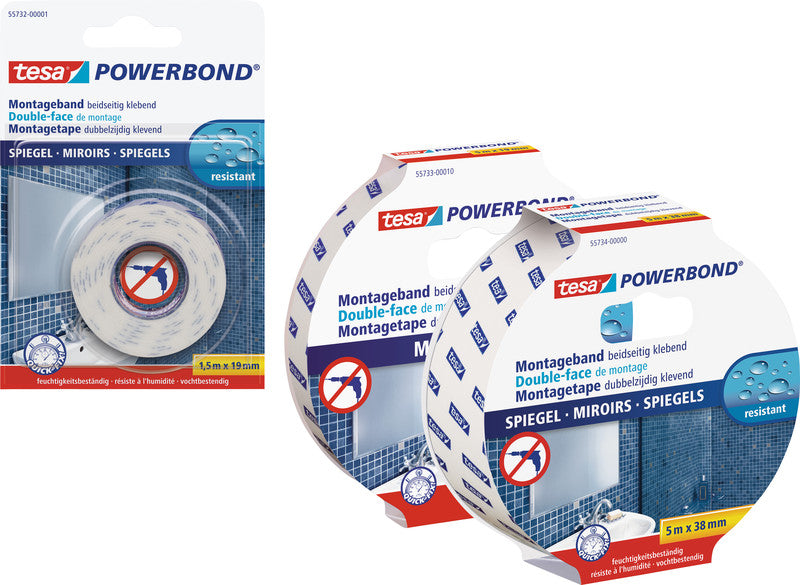 Tesa Montageband Powerbond, extra stark, für Spiegel – 38 mm × 5 m, weiss, bis 5 kg/10 cm