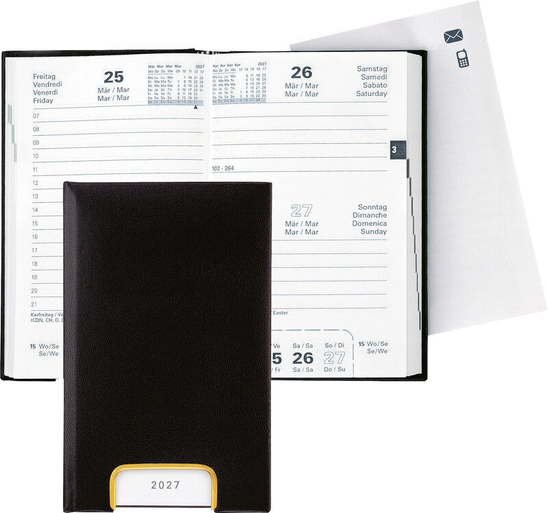 Biella Disponent Agenda – 1 Tag pro Seite, gebunden, 10,1 × 16,0 cm, Jan–Dez 2027, 1-Stunden-Takt, schwarz, FSC