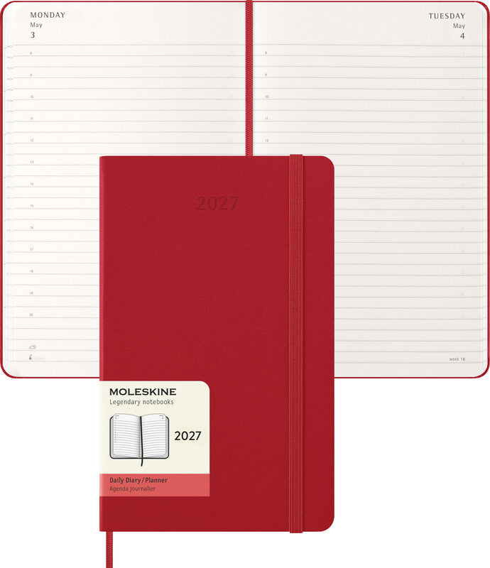 Moleskine Tagesagenda – 1 Tag pro Seite, gebunden, 13 × 21 cm, 2027, 1-Stunden-Takt, scharlachrot, FSC