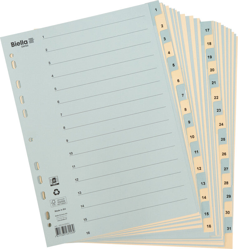 Biella Register – Vollformat, 31-teilig, Karton, mehrfarbig, vorgedruckt, verstärkte Tabs, 11-fach-Lochung, für A4