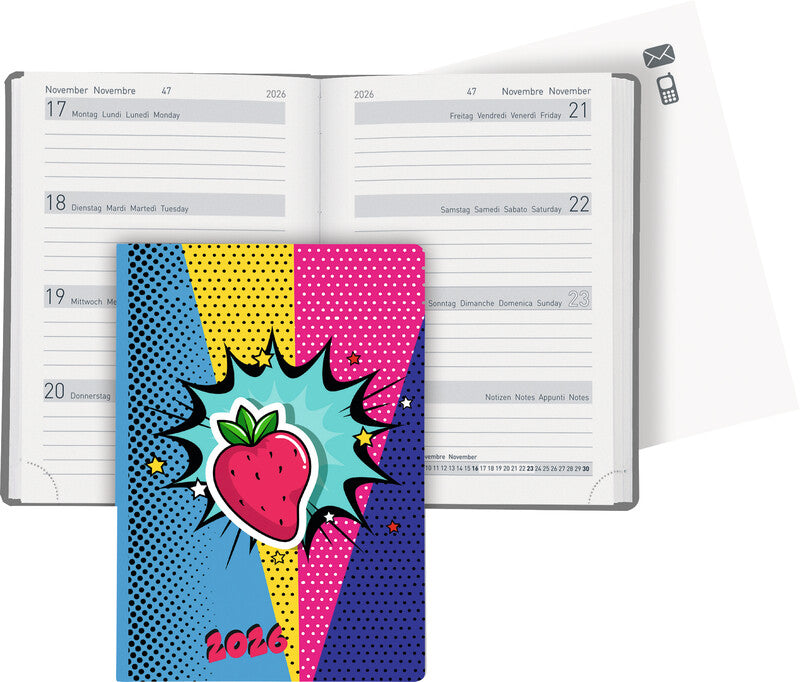 Biella Memento Trend Agenda – 1 Woche/2 Seiten, gebunden, 10,1 × 14,2 cm, 2026, Strawberry, FSC