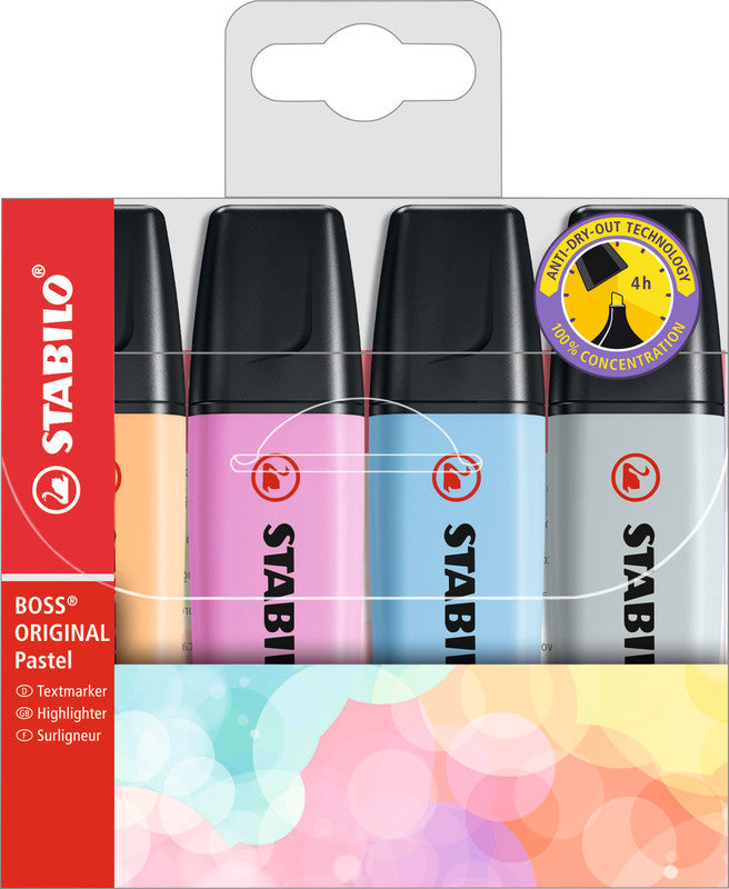 STABILO BOSS Original Textmarker Set 4 Farben Pastell – Keilspitze, 2–5 mm