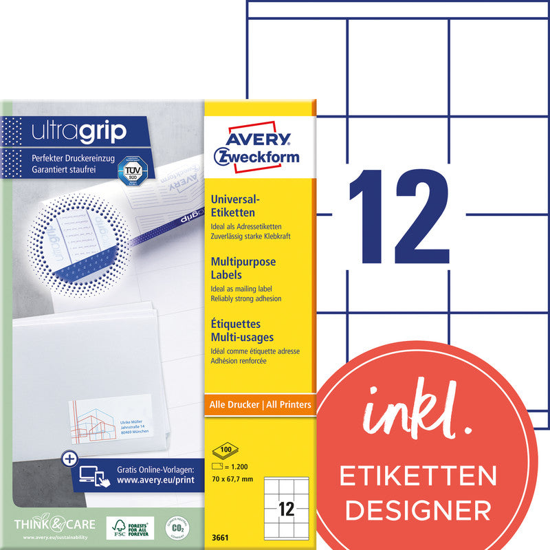Avery Bogenetiketten, 70 mm × 68 mm, weiss, Papier, permanent, 1200 Etiketten (100 Blatt)