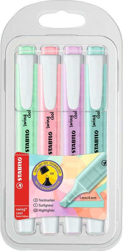 STABILO swing cool Pastel Edition Textmarker Set 4 Farben Pastell – Keilspitze, 1–4 mm