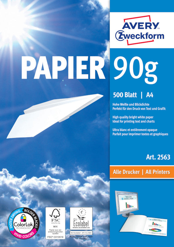 Avery Kopierpapier – A4, 90 g/m², CIE 170 – für Inkjet/Laser/Kopierer – FSC, EU Ecolabel – 500 Blatt