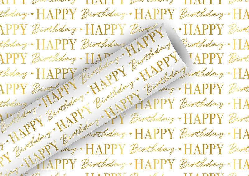 Braun + Company Geschenkpapier – Geburtstag – seidenmetallisiert, Gold/Weiss – 70 cm × 1,5 m