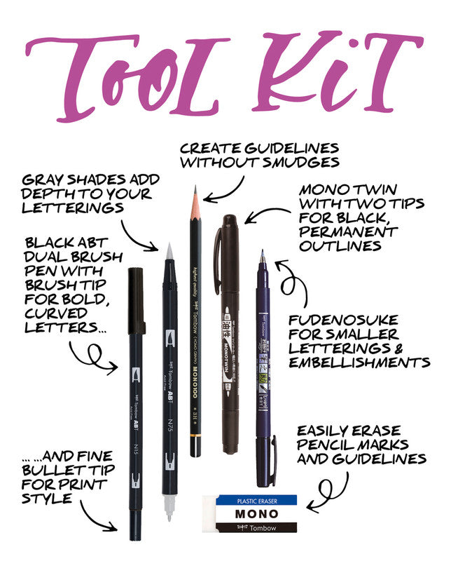 Tombow Handlettering-Set – 2 ABT Dual Brush Pens, Fudenosuke, Mono Twin, Bleistift 3H, Radierer