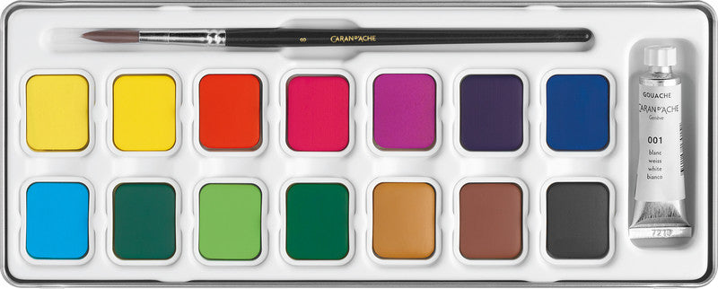 Caran d-Ache Caran d'Ache – Studio – Gouache – Set – 14 Farben, inklusive Deckweiss, mit Pinsel