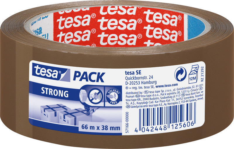 TESA Verpackungsband Strong – Permanent, Glatt, Kunststoff, 38 mm × 66 m, Braun, Kern Ø 76 mm