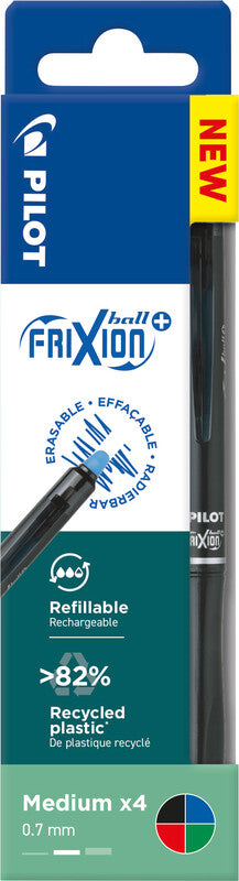 Pilot FriXion Ball+ – Radierbarer Tintenroller mit Kappe, 0,7 mm, Schwarz/Blau/Rot u. a., 4er Etui