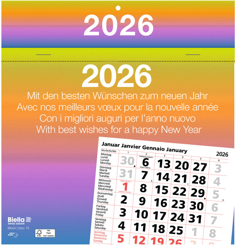 Biella Abreisskalender 1 Monat/Blatt Block 15 – viersprachig d/f/i/gb – 2026 – 16,7 × 19,8 cm