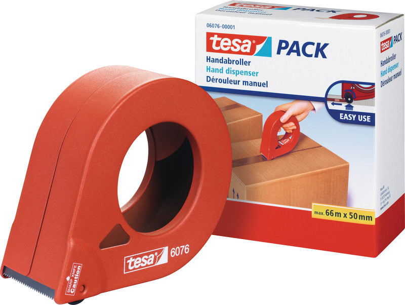 tesa Verpackungsbandabroller – für Rollenbreite bis 50 mm, für Bandlänge bis 66 m, mit Bremse, Metallmesser