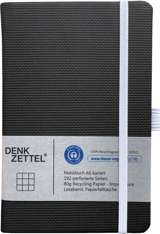 Denkzettel Notizbuch, A6, kariert, Fadenheftung, Hardcover, 192 Seiten, perforiert, 80 g/m² – schwarz
