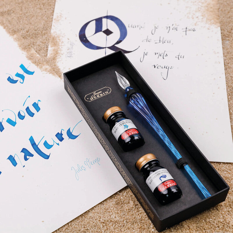 Herbin Glasfeder-Tinten-Set – Federhalter – Blau