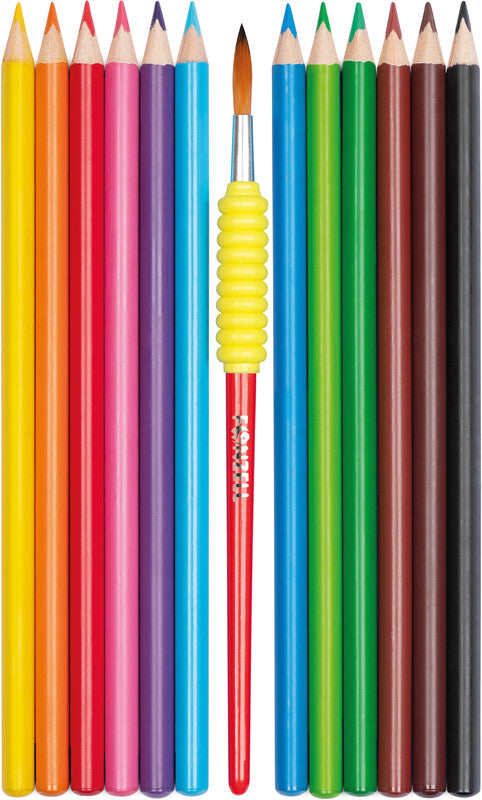 Fonzell Aquarellfarbstifte-Set – 12 Farben, Dreikant, Mine Ø 3,3 mm, Dreiecksetui, mit Pinsel