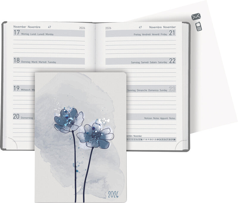 Biella Memento Trend Agenda – 1 Woche/2 Seiten, gebunden, 10,1 × 14,2 cm, Jan–Dez, Flower, FSC