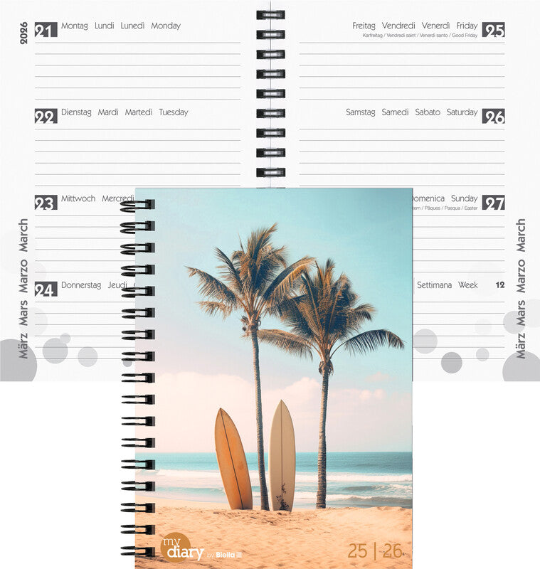 Biella mydiary Schüleragenda – 1 Woche/2 Seiten, Wire-O, 12 × 16,5 cm, Aug–Jul, Beach, FSC