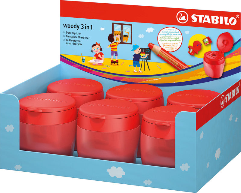 STABILO Spitzer – manuell, 1-Loch, mit Behälter, für Farbstifte Ø 15 mm, Kunststoff, rot, woody 3 in 1
