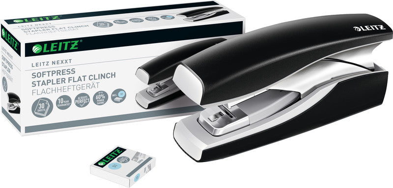 Leitz NeXXt – Hefter, 30 Blatt, Flat-Clinch, geschlossene Heftung, Oberlade-Mechanik, schwarz