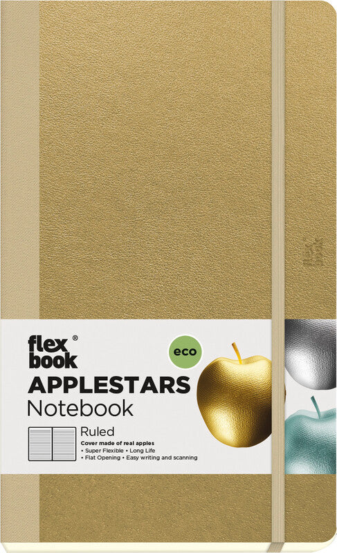 Flexbook Notizbuch – 130 × 210 mm – 192 Seiten – 100 g/m² – gebunden, Gummiband, abgerundete Ecken, gold