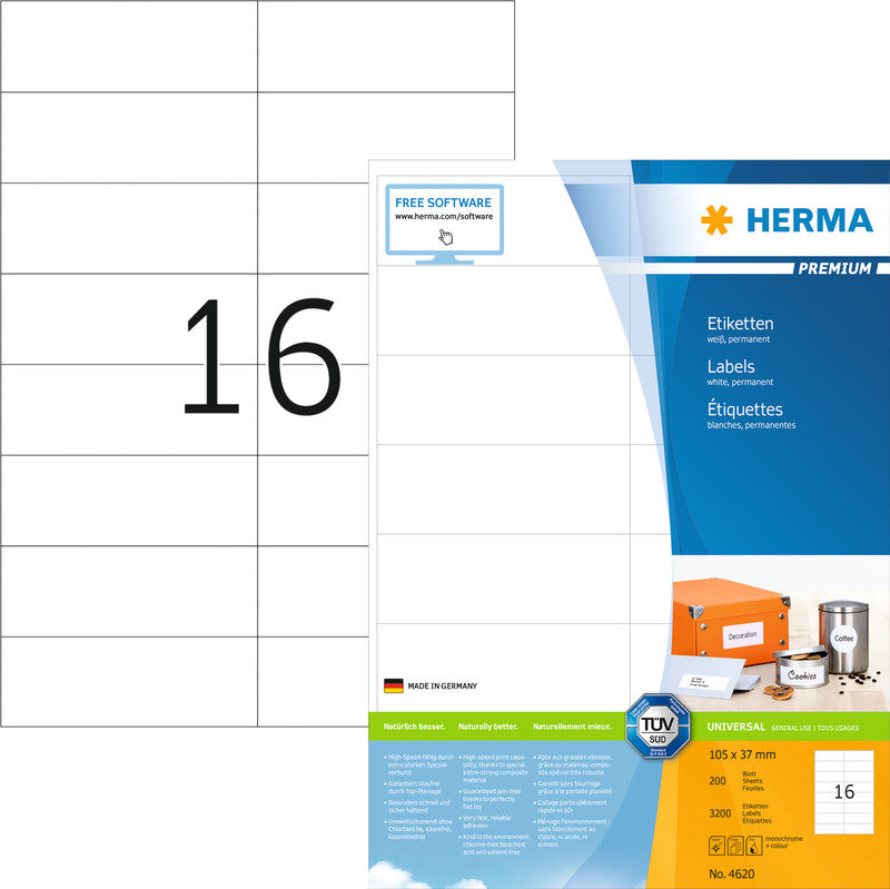 HERMA Etikettenbögen, 105 mm × 37 mm, weiss, Papier, permanent, 3200 Etiketten