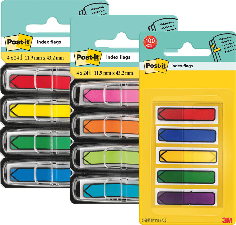 3M Post-it Indexstreifen – 11,9×43,2 mm – sortiert – 5×20 Stück, mit Dispenser, Kunststoff, Pfeil