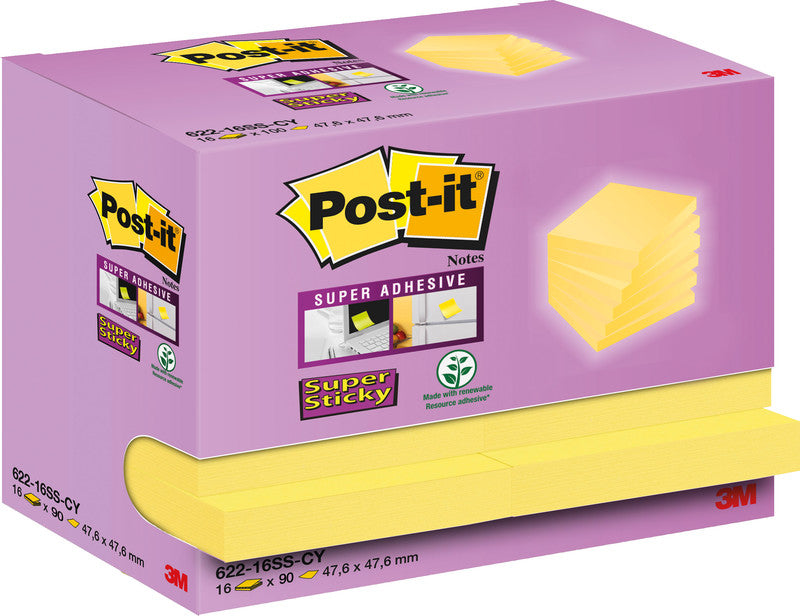 3M Post-it Haftnotizen Super Sticky – 47,6×47,6 mm – Gelb, 16×90 Blatt, PEFC