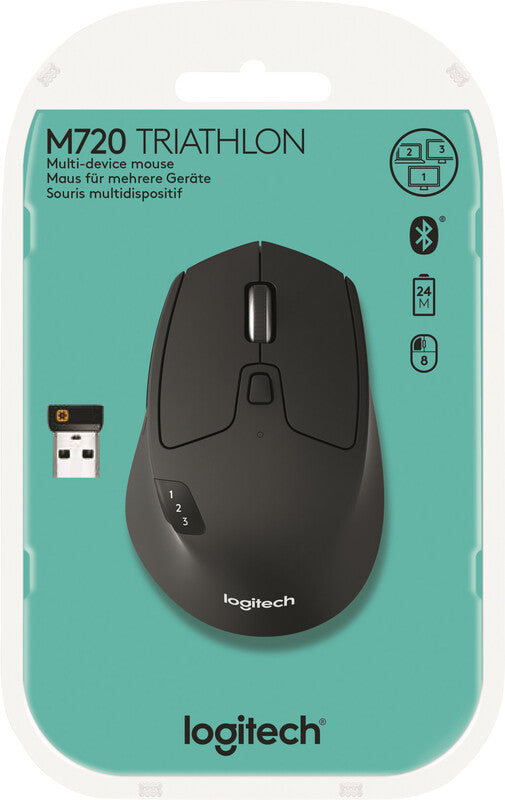 Logitech M720 Triathlon – Maus – Kabellos (Bluetooth/2,4 GHz), 1000 DPI, rechts, Schwarz