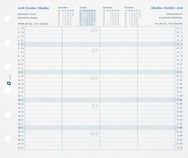Succes Kalender-Einlage – 1 Monat/1 Seite, 6-fach, 8 × 12,5 cm, 2026