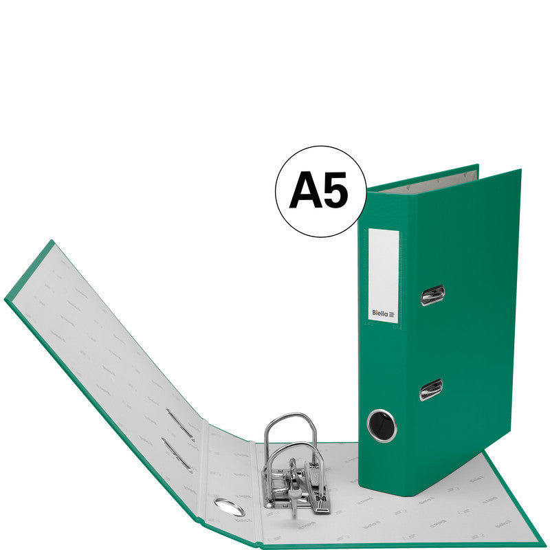 Biella Ordner – A5 hoch – 2-Ring Hebelmechanik, Rücken 40 mm – grün, mit Niederhalter, mit Griffloch, FSC