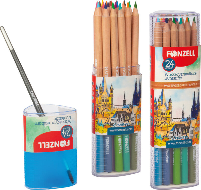 Fonzell Creative Aquarellfarbstifte-Set – 24 Farben, rund, Mine Ø 3,3 mm, Dreiecksetui, mit Pinsel