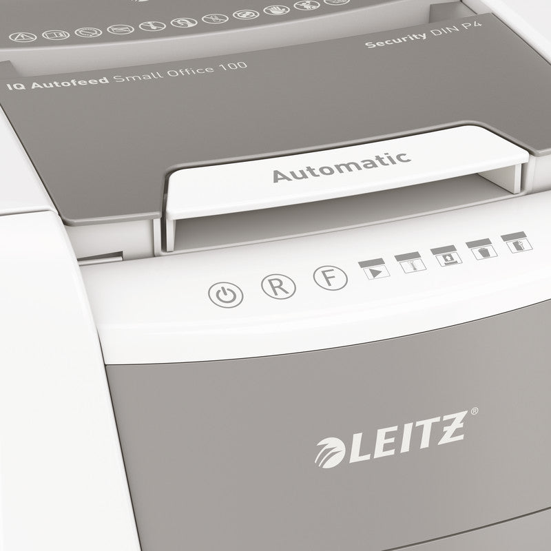 Leitz Aktenvernichter mit Autofeed 100 Blatt, DIN P-4, Partikelschnitt 4 × 30 mm, 8 Blatt, 34 l, A4