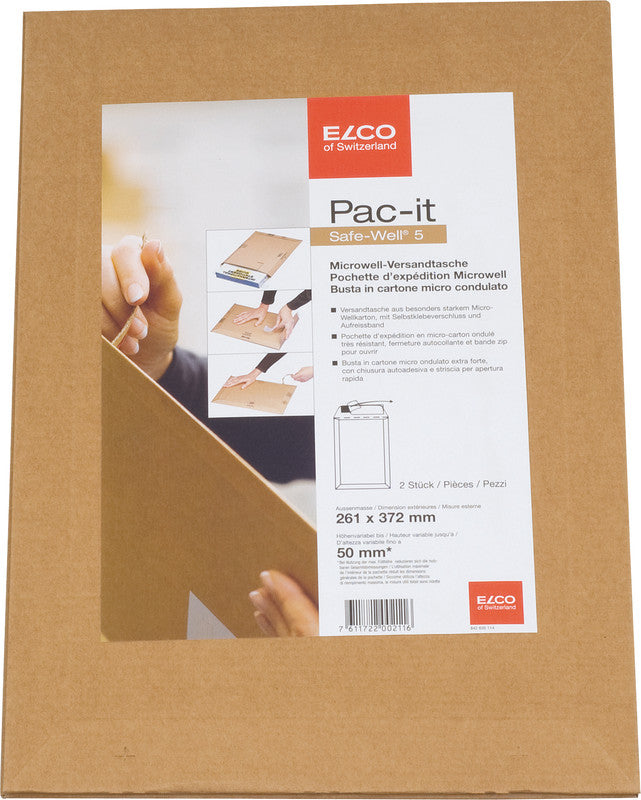 Elco Pac-It Karton-Versandtasche – 261 × 372 mm, selbstklebend, mit Aufreissband – 2 Stk.