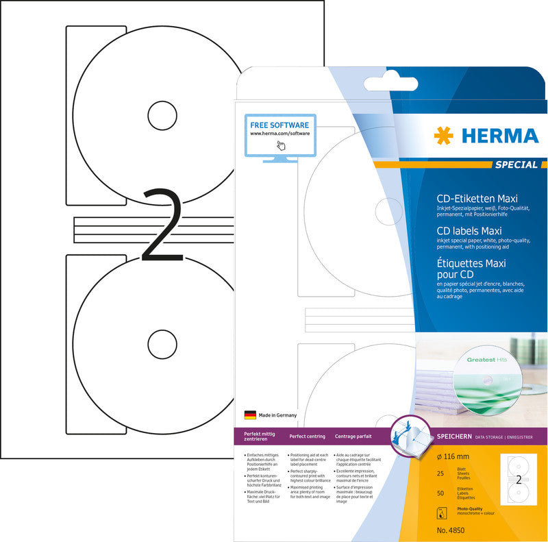 HERMA CD-Etiketten, Ø 116 mm, weiss, Papier, permanent, für Inkjetdrucker, 25 Blatt (50 Etiketten)