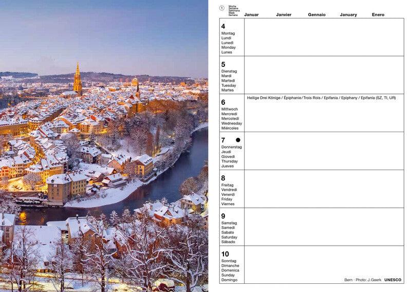 Calendaria Schweizer Foto-Almanach – Wochenagenda 2027, 1 Woche/1 Seite, A5, Spiralbindung