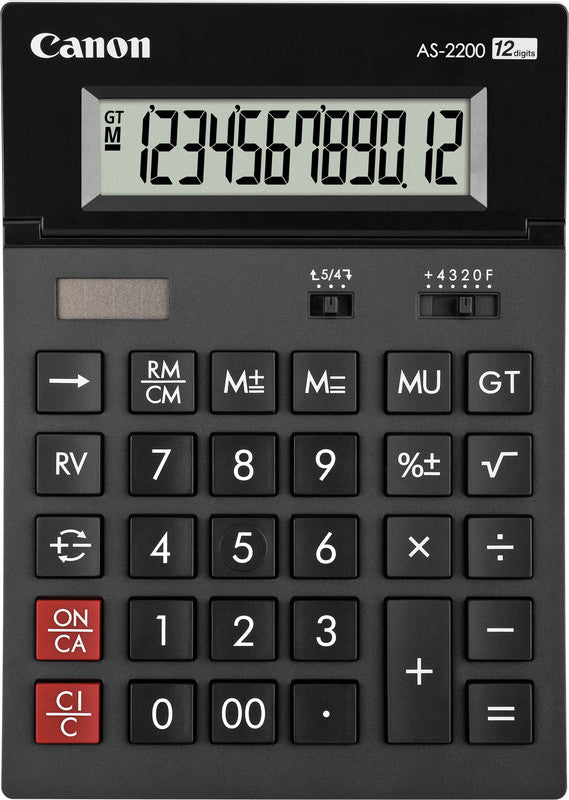 Canon Tischrechner AS-2200 – 12-stellig, LCD, Prozent/Rundung, Solar + Batterie, Schwarz
