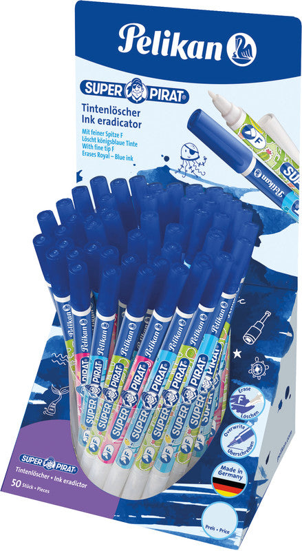 Pelikan Super Pirat Tintenlöscher – fein, blau, für Linkshänder geeignet, Display, 50 Stk.