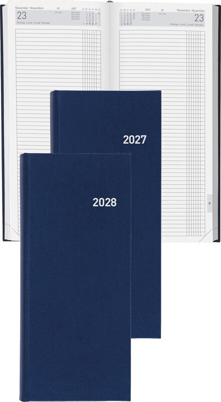 Biella Langformat Tower Agenda – 1 Tag/2 Seiten, Gebunden, 13,5 × 31,5 cm, 2028, Dunkelblau, FSC