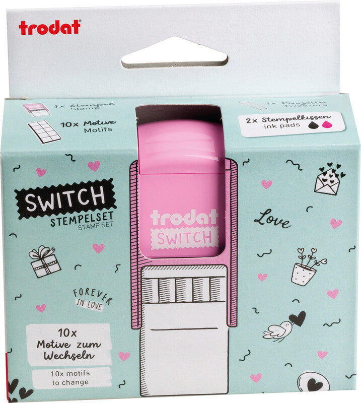 Trodat Love Messages Motivstempel-Set – selbstfärbend, 10 Textplatten 19 × 19 mm, 2 Kissen (pink/schwarz)