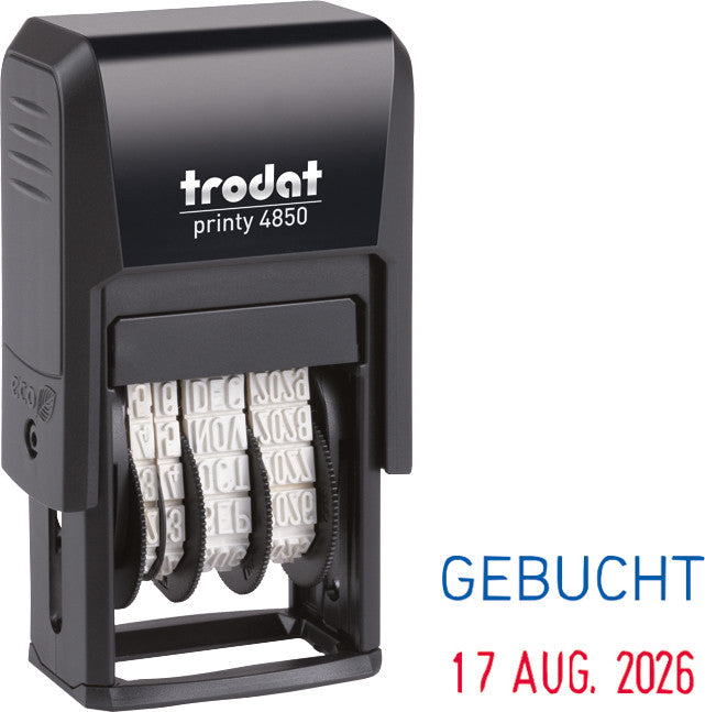 Trodat Motivstempel – Motiv: Gebucht, selbstfärbend, Kunststoff, 25 × 14 mm, Deutsch, inkl. Stempelkissen